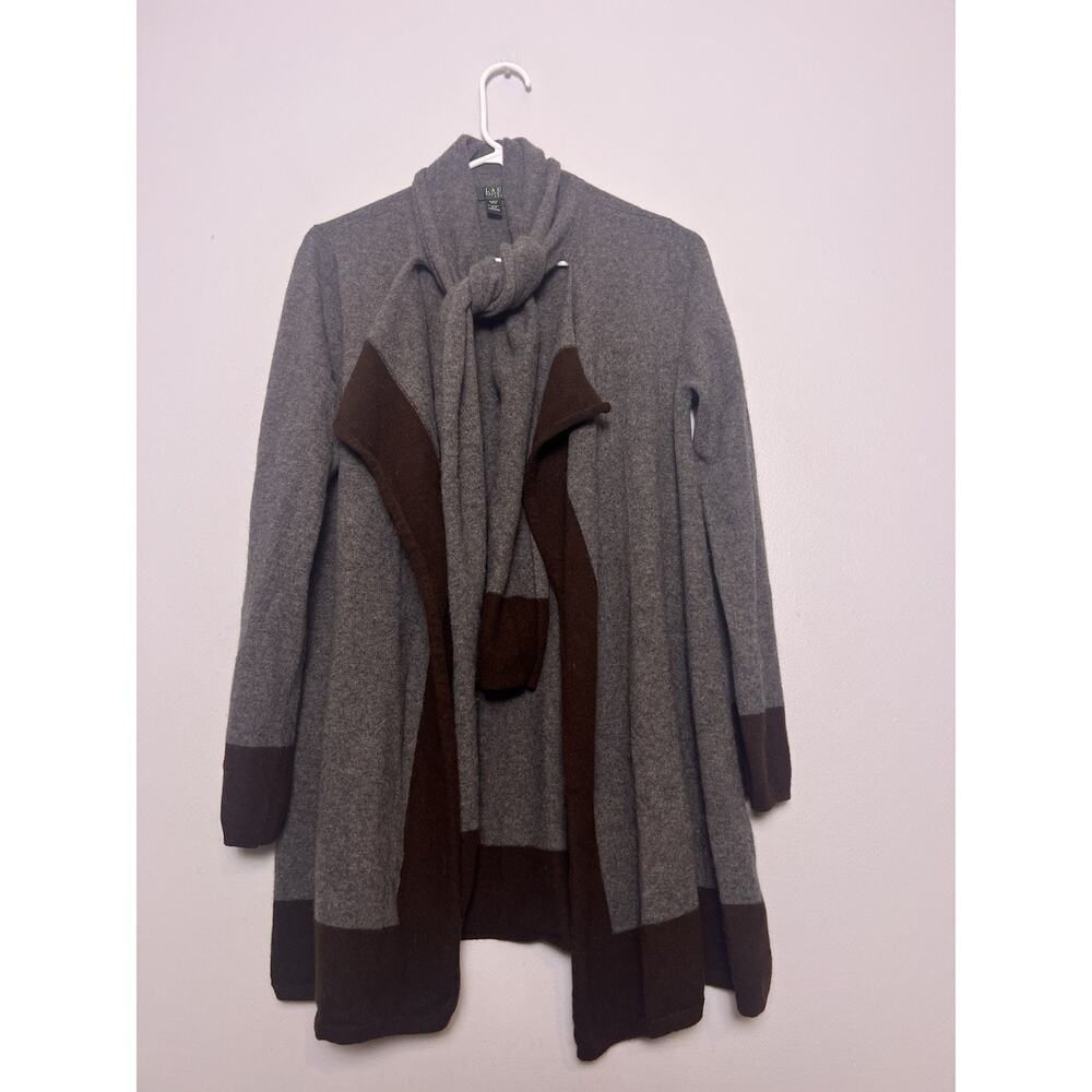 LRL WOMENS Wool Cashmere Open Front Cardigan Tie Gray Brown Sz S Long